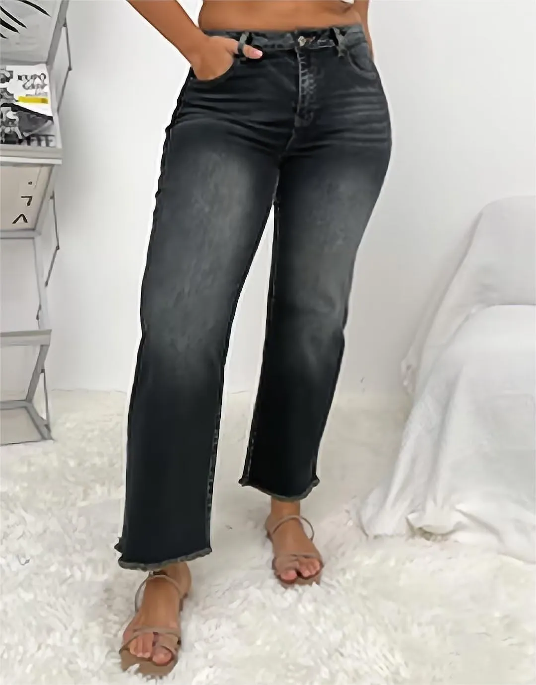Flamingals Straight Wide Leg Jeans for Women Mid Waisted Casual Raw Hem Denim Capris Pants with Pockets