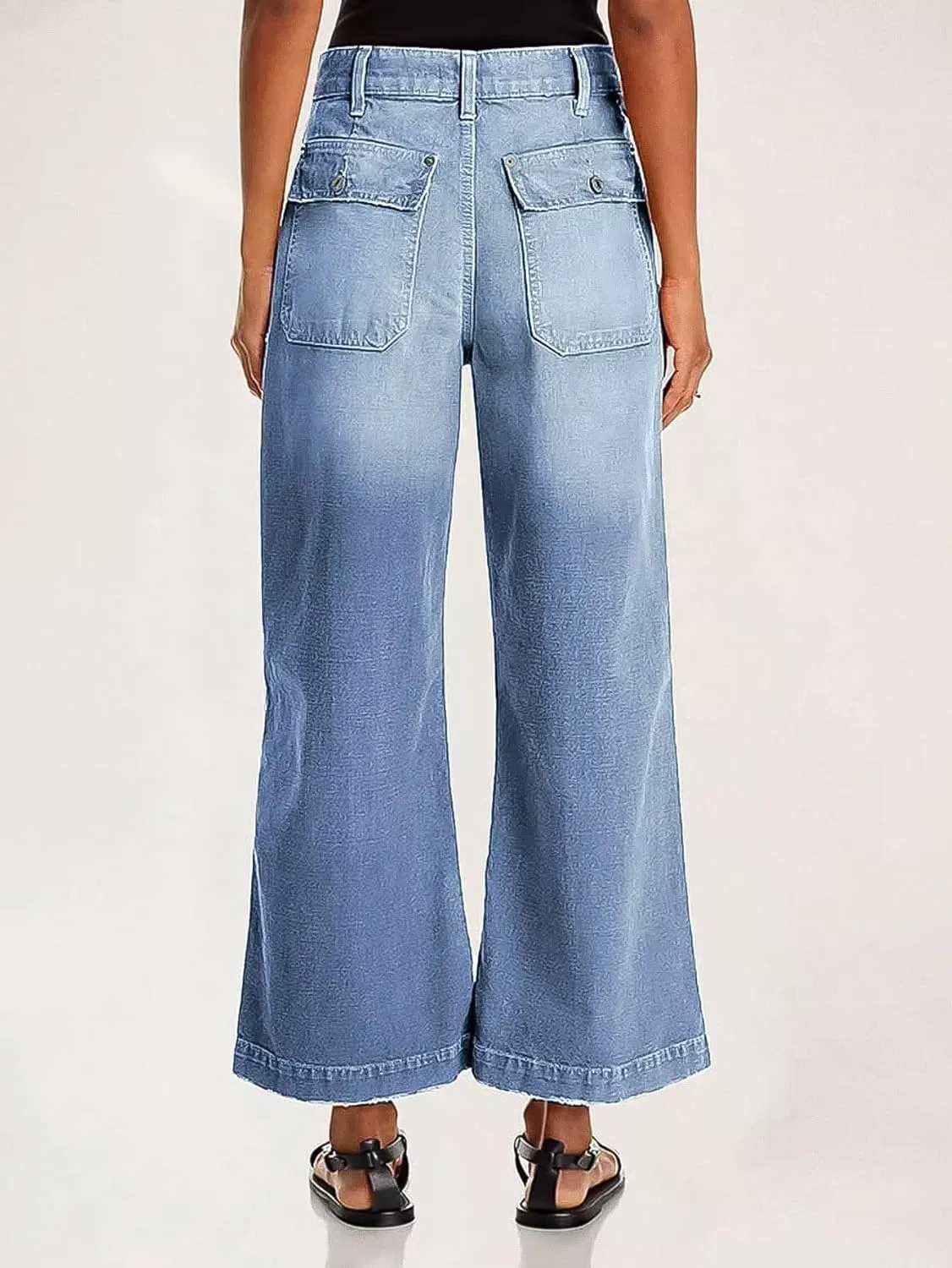 Flamingals Straight Wide Leg Jeans for Women Mid Waisted Casual Raw Hem Denim Capris Pants with Pockets