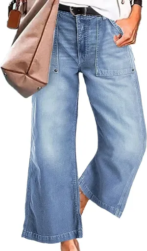 Flamingals Straight Wide Leg Jeans for Women Mid Waisted Casual Raw Hem Denim Capris Pants with Pockets
