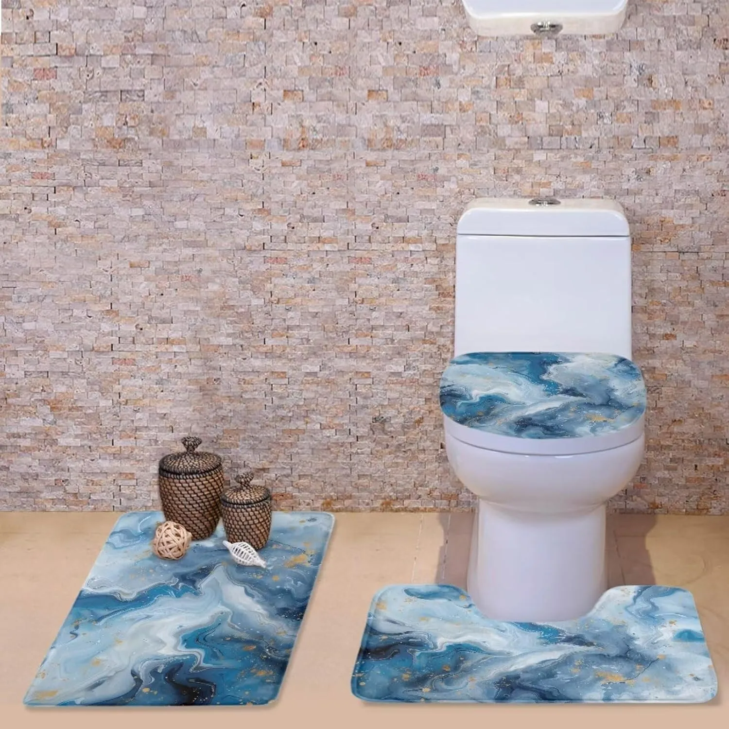 Flashideas Blue Marble Print Bathroom Rug Set - Bath Rug   Contour Mat   Toilet Seat Cover - Non-Slip, Super Absorbent, Machine Washable Bath Carpet