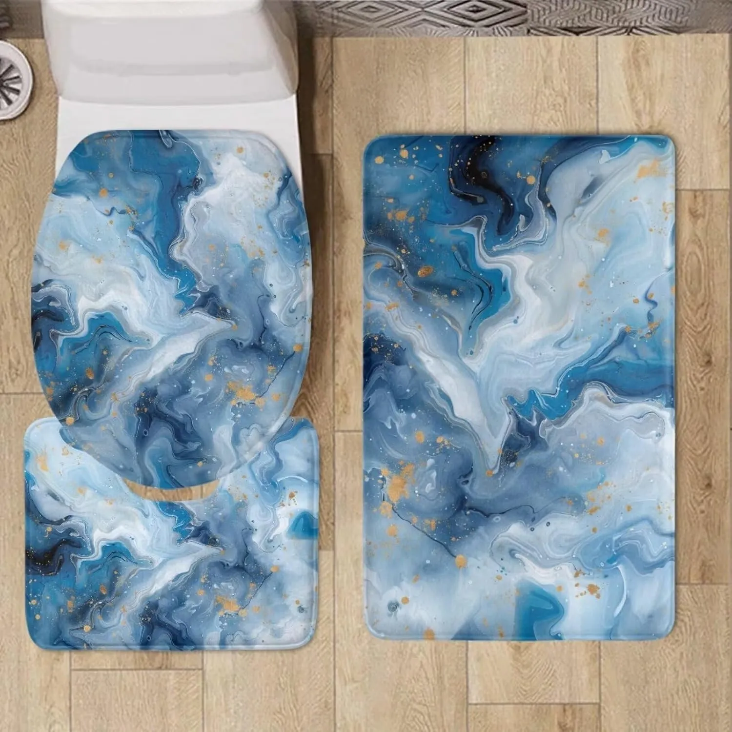 Flashideas Blue Marble Print Bathroom Rug Set - Bath Rug   Contour Mat   Toilet Seat Cover - Non-Slip, Super Absorbent, Machine Washable Bath Carpet