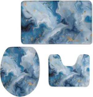 Flashideas Blue Marble Print Bathroom Rug Set - Bath Rug   Contour Mat   Toilet Seat Cover - Non-Slip, Super Absorbent, Machine Washable Bath Carpet