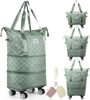 Foldable Travel Duffel Bag, Expandable Rolling Duffle Bag with Dual Pouch Wristlet Wallets Sports Tote Gym Bag Rolling Luggage Bag Carry on Duffel Bag for Women and Men Travel Suit Weekend