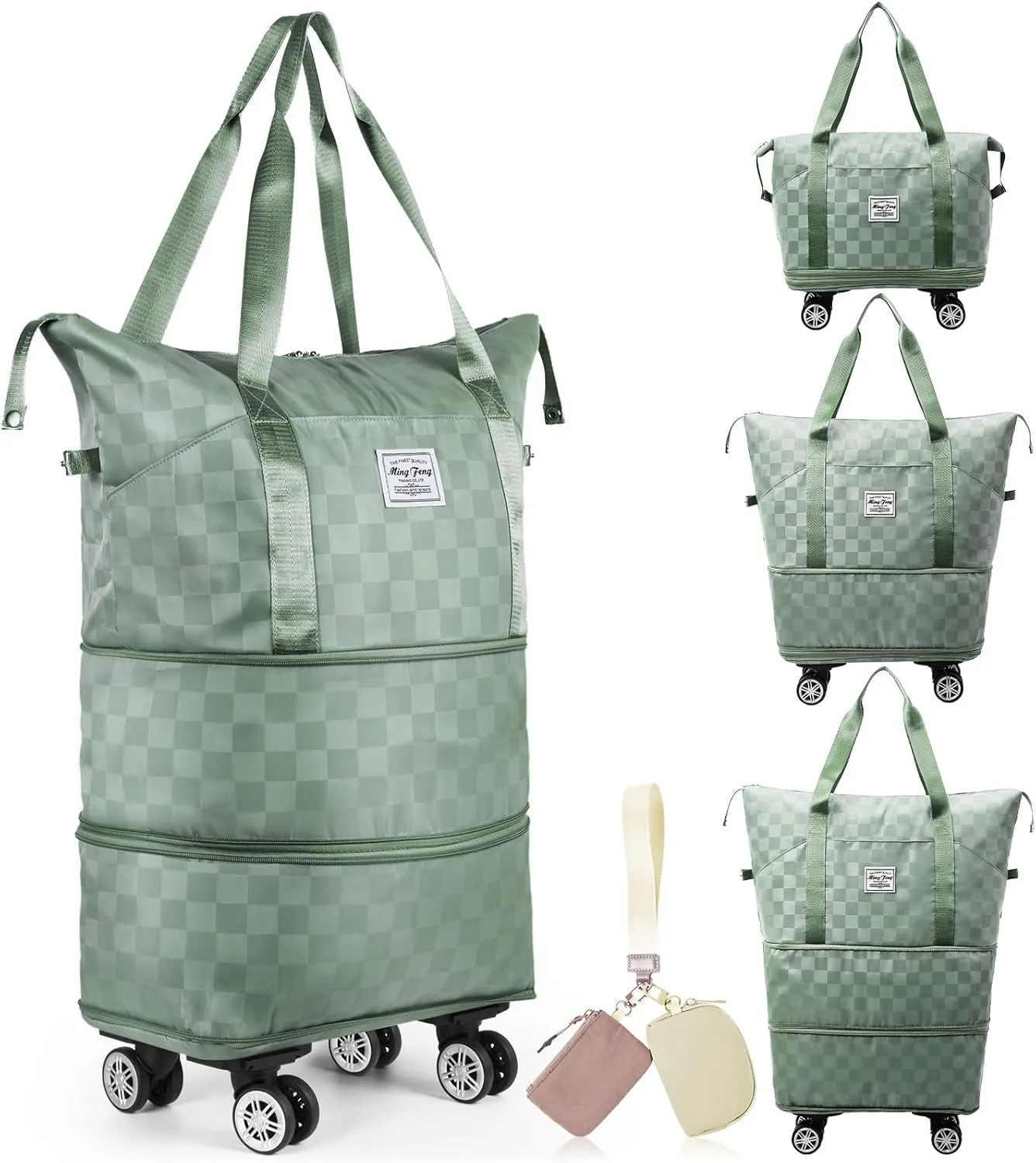 Foldable Travel Duffel Bag, Expandable Rolling Duffle Bag with Dual Pouch Wristlet Wallets Sports Tote Gym Bag Rolling Luggage Bag Carry on Duffel Bag for Women and Men Travel Suit Weekend