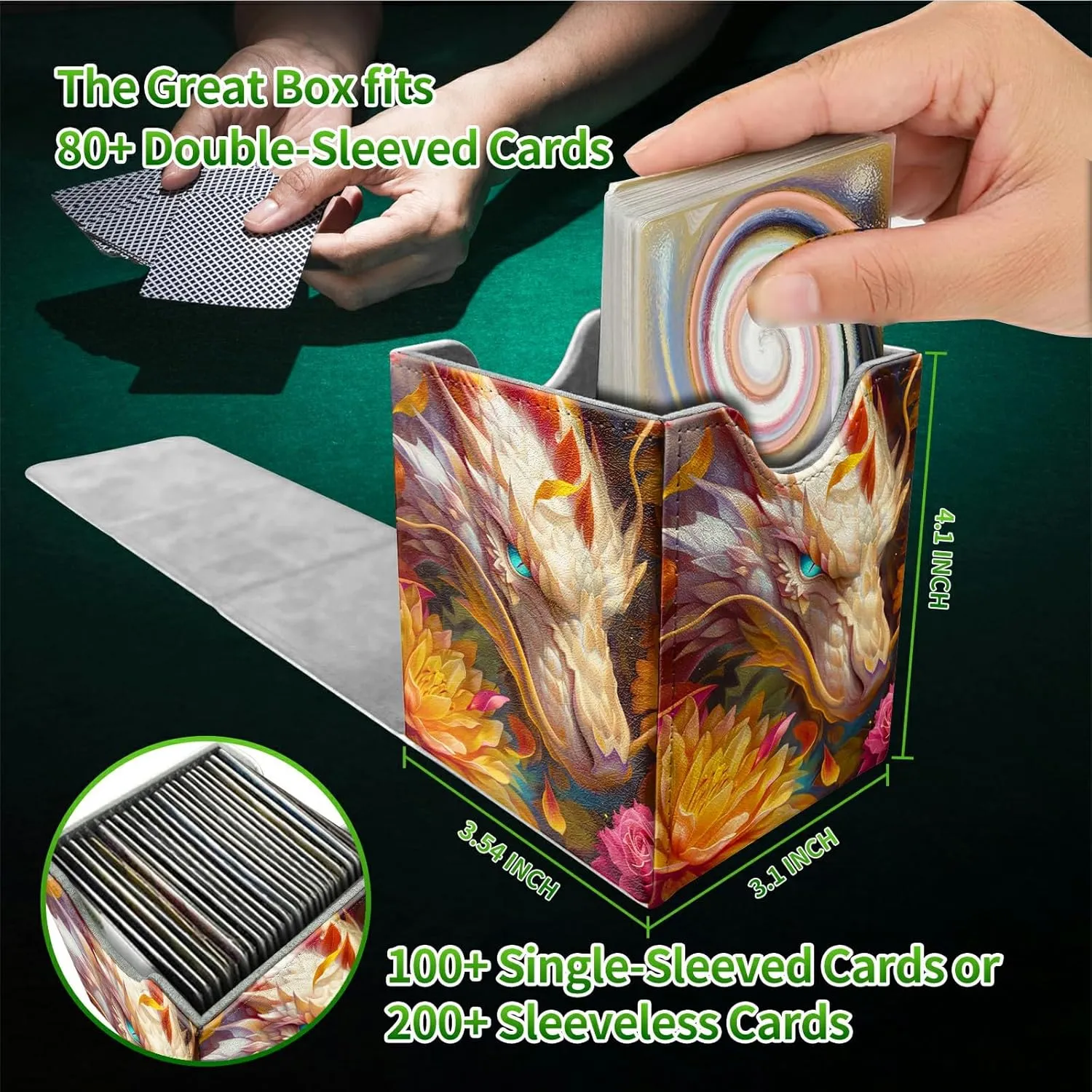 for MTG Commander Deck Box, Card Storage Box Fits 100  Sleeved Cards, PU Leather Large Size Strong Magnet Card Deck Case Holder for Board Game Magic MTG TCG CCG, Lotus White Dragon