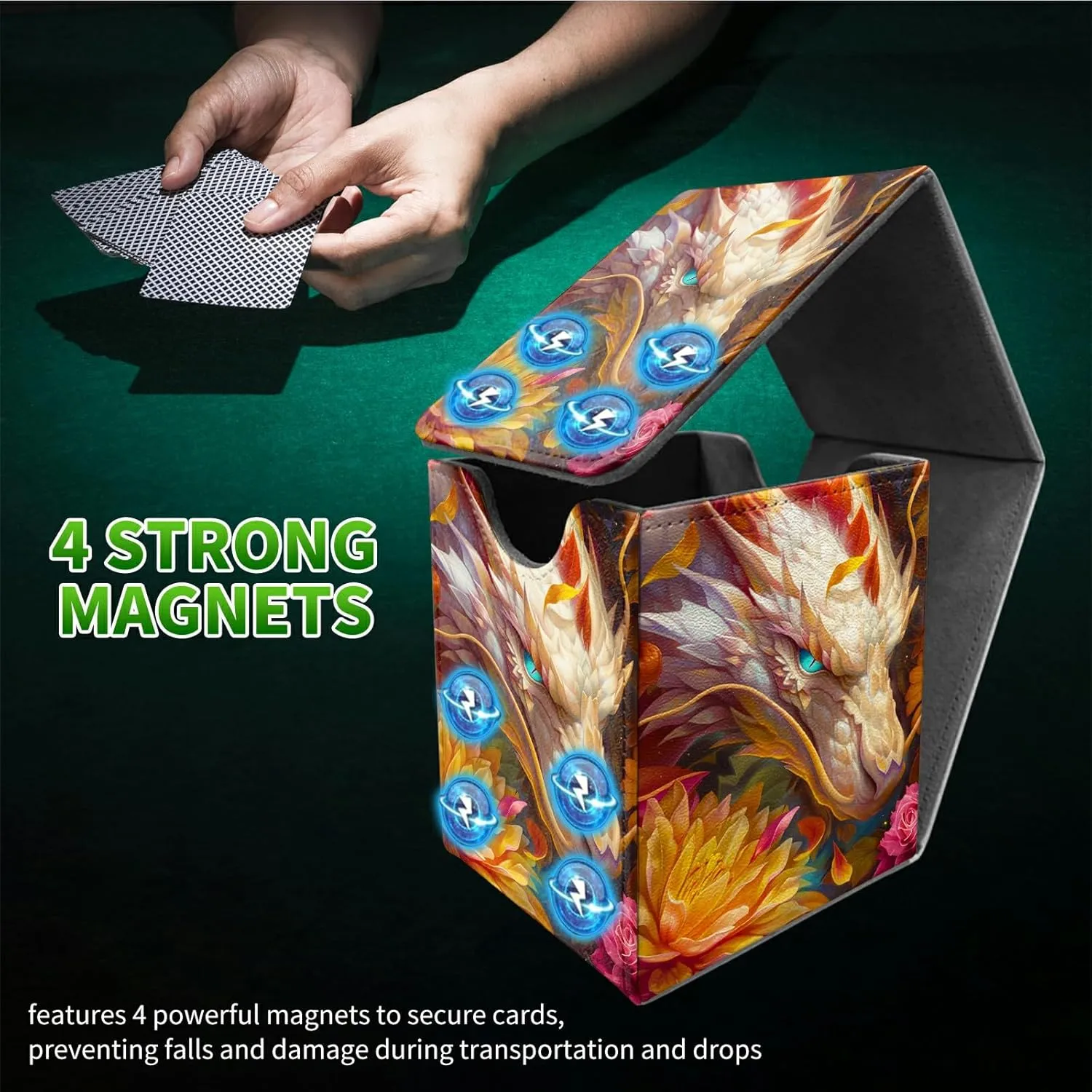 for MTG Commander Deck Box, Card Storage Box Fits 100  Sleeved Cards, PU Leather Large Size Strong Magnet Card Deck Case Holder for Board Game Magic MTG TCG CCG, Lotus White Dragon