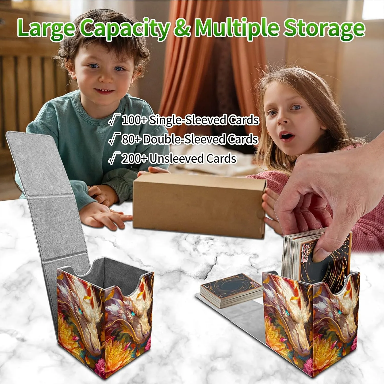 for MTG Commander Deck Box, Card Storage Box Fits 100  Sleeved Cards, PU Leather Large Size Strong Magnet Card Deck Case Holder for Board Game Magic MTG TCG CCG, Lotus White Dragon