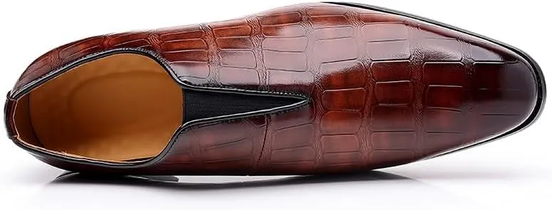 Formal Shoes Dress Oxford for Men Slip On Pointed Burnished Toe Stone Pattern Oxford Shoes Slip Resistant Low Top Block Heel Anti-Slip Non Slip