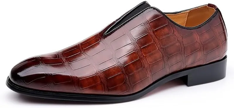 Formal Shoes Dress Oxford for Men Slip On Pointed Burnished Toe Stone Pattern Oxford Shoes Slip Resistant Low Top Block Heel Anti-Slip Non Slip
