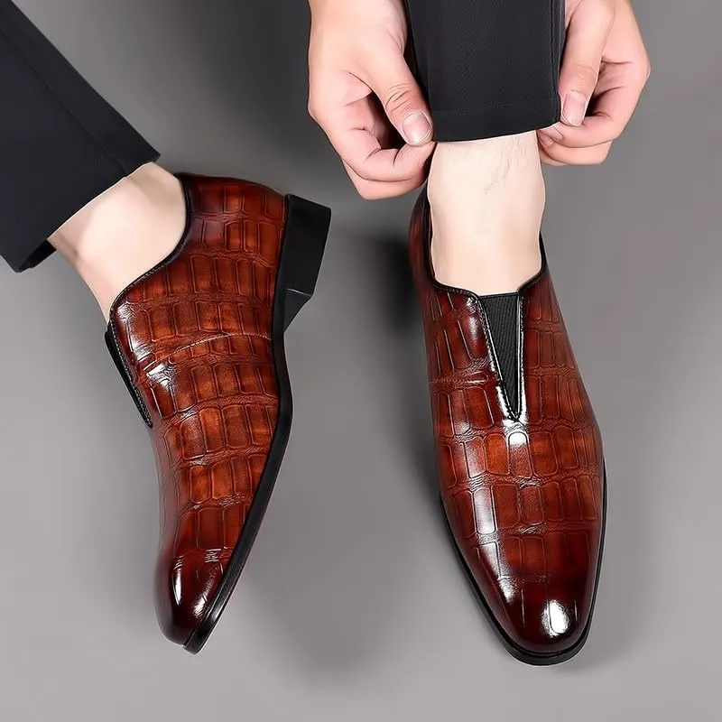 Formal Shoes Dress Oxford for Men Slip On Pointed Burnished Toe Stone Pattern Oxford Shoes Slip Resistant Low Top Block Heel Anti-Slip Non Slip