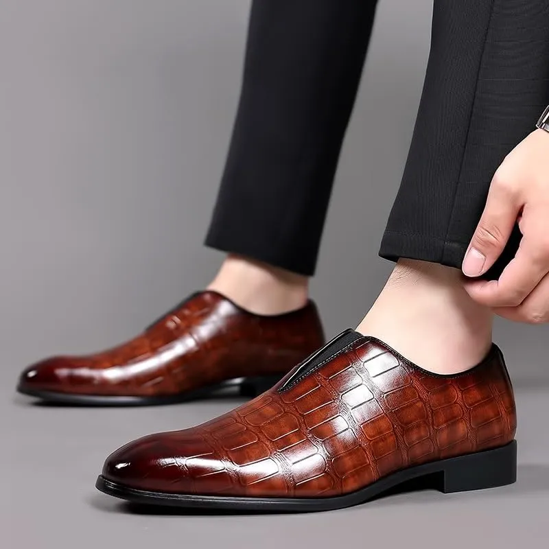 Formal Shoes Dress Oxford for Men Slip On Pointed Burnished Toe Stone Pattern Oxford Shoes Slip Resistant Low Top Block Heel Anti-Slip Non Slip