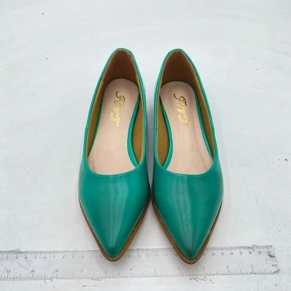 FOWT Turquoise Slip On Block Stripped Heel Pointed Toe Loafer Driving Shoes