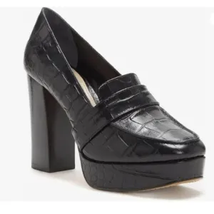 FOWT Women Chunky Heel Leather Loafer,Stylish Square Toe High Heel Loafers Black