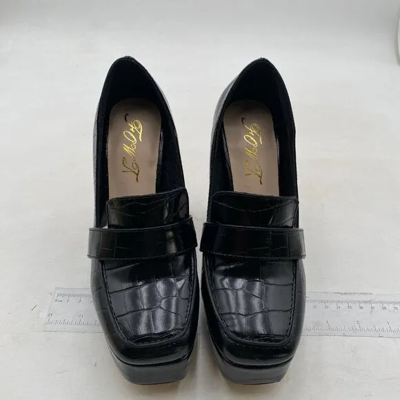 FOWT Women Chunky Heel Leather Loafer,Stylish Square Toe High Heel Loafers Black