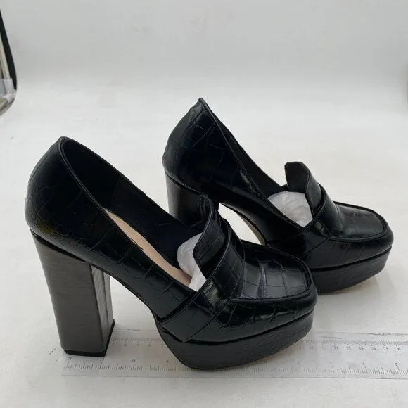 FOWT Women Chunky Heel Leather Loafer,Stylish Square Toe High Heel Loafers Black