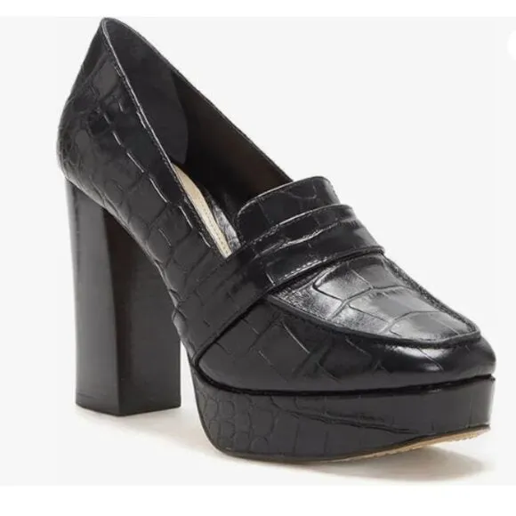 FOWT Women Chunky Heel Leather Loafer,Stylish Square Toe High Heel Loafers Black