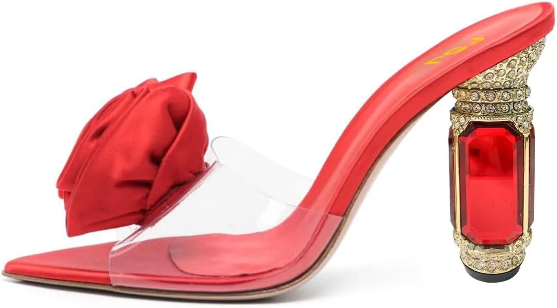 FSJ Women Charming Rose Floral Heel Sandals Clear PVC Band Crystal Chunky Heel Sexy Pointed Peep Toe Slip On Mules Party Prom Wedding Shoes Size 4-16 US