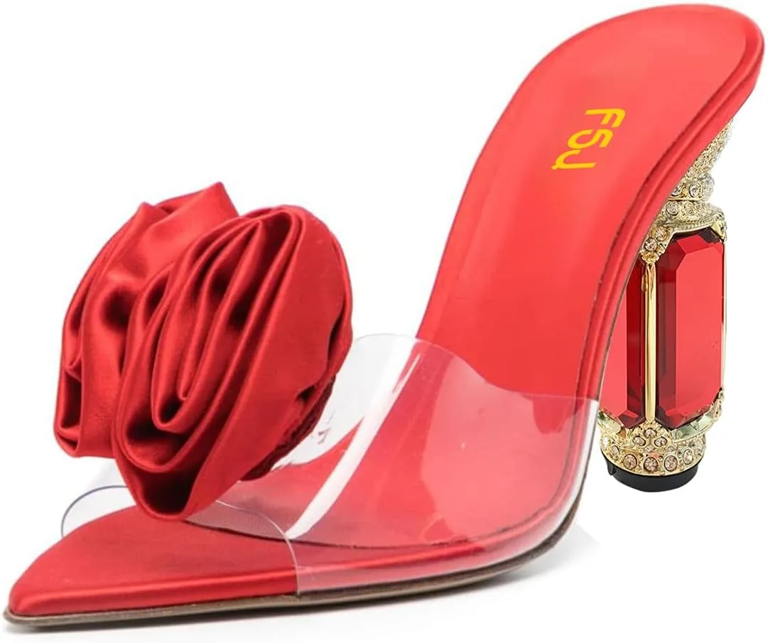FSJ Women Charming Rose Floral Heel Sandals Clear PVC Band Crystal Chunky Heel Sexy Pointed Peep Toe Slip On Mules Party Prom Wedding Shoes Size 4-16 US