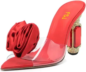 FSJ Women Charming Rose Floral Heel Sandals Clear PVC Band Crystal Chunky Heel Sexy Pointed Peep Toe Slip On Mules Party Prom Wedding Shoes Size 4-16 US