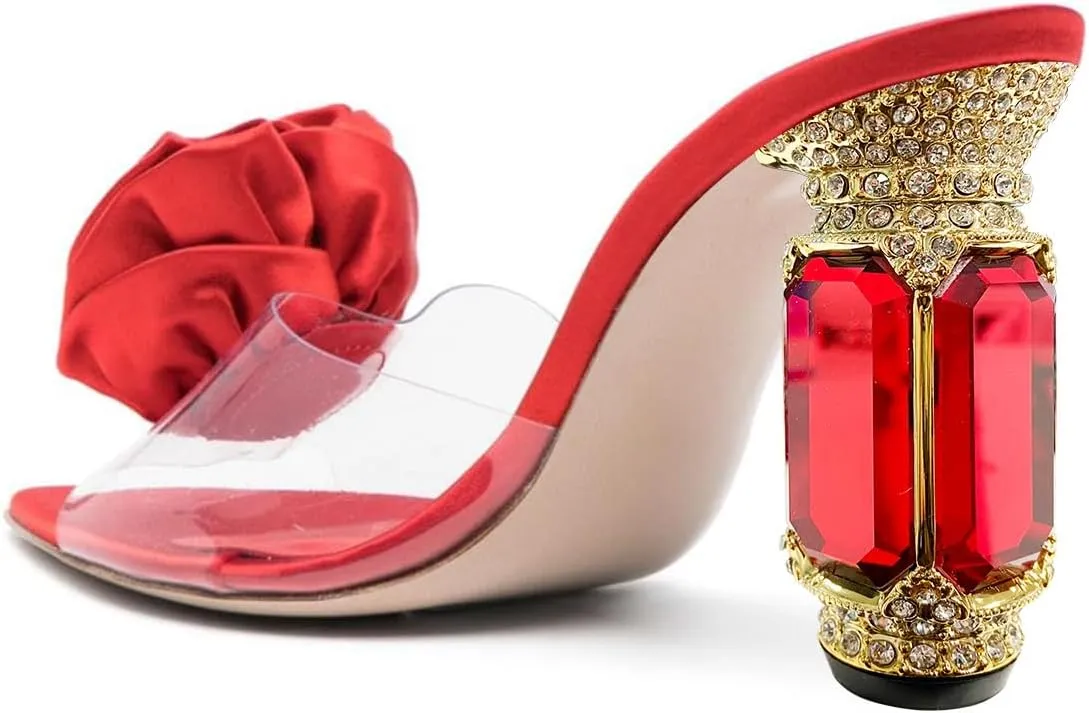 FSJ Women Charming Rose Floral Heel Sandals Clear PVC Band Crystal Chunky Heel Sexy Pointed Peep Toe Slip On Mules Party Prom Wedding Shoes Size 4-16 US