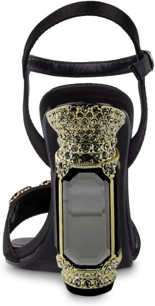 FSJ Women Luxury Jewel Ankle Strap Chunky High Heel Dress Sandals Studded Crystal Band Square Open Toe Sparkle Gems Summer Party Shoes Size 4-16 US