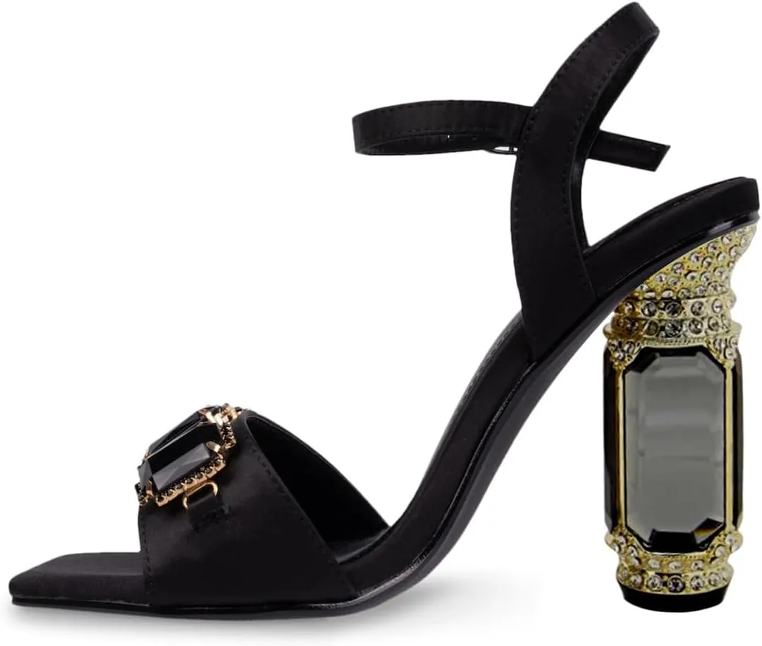 FSJ Women Luxury Jewel Ankle Strap Chunky High Heel Dress Sandals Studded Crystal Band Square Open Toe Sparkle Gems Summer Party Shoes Size 4-16 US