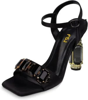 FSJ Women Luxury Jewel Ankle Strap Chunky High Heel Dress Sandals Studded Crystal Band Square Open Toe Sparkle Gems Summer Party Shoes Size 4-16 US