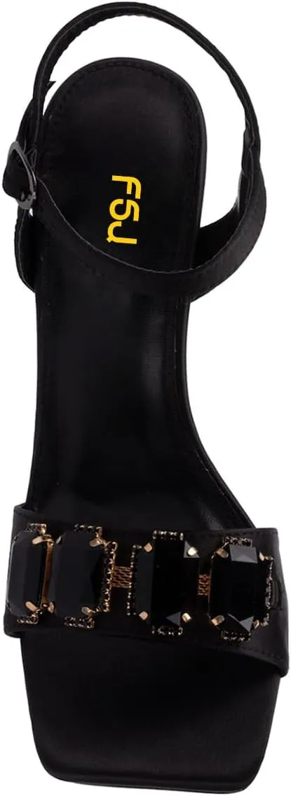 FSJ Women Luxury Jewel Ankle Strap Chunky High Heel Dress Sandals Studded Crystal Band Square Open Toe Sparkle Gems Summer Party Shoes Size 4-16 US