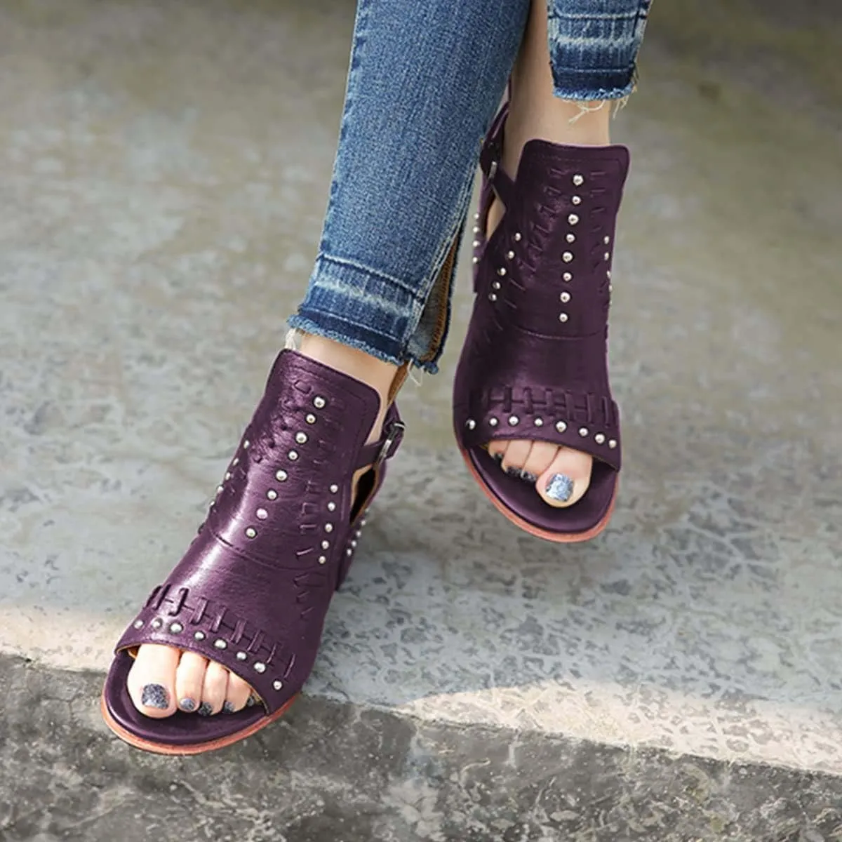 FSJ Women Peep Open Toe Boot Cut Out Buckle Ankle Bootie Comfortable Stacked Block Low Heeled Sandal Shoes Size 4-15 US