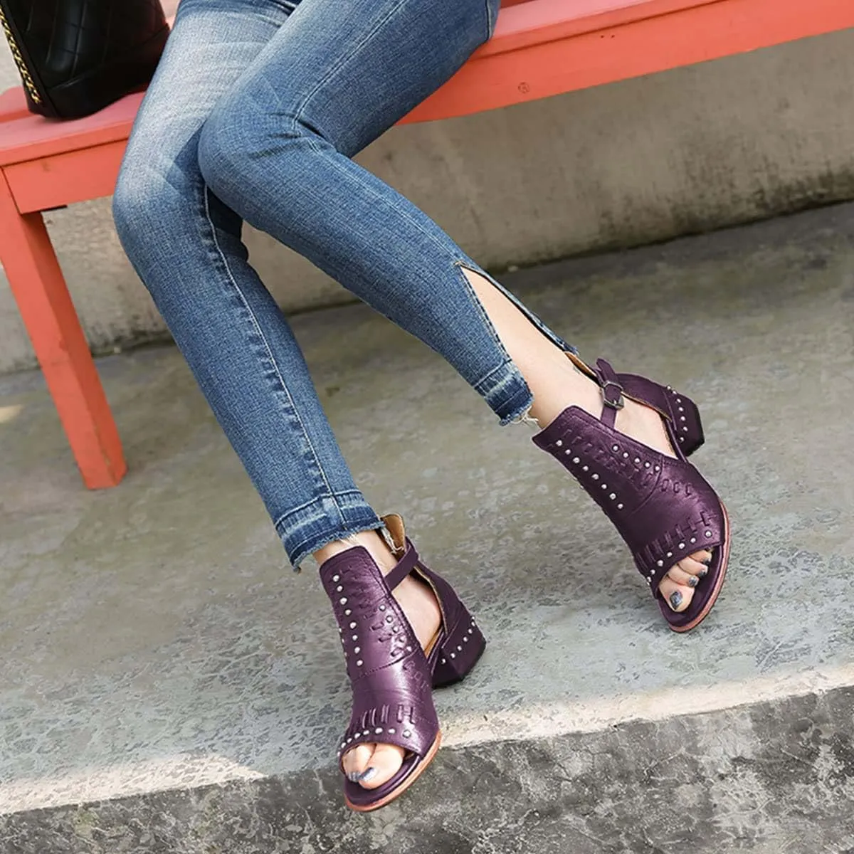 FSJ Women Peep Open Toe Boot Cut Out Buckle Ankle Bootie Comfortable Stacked Block Low Heeled Sandal Shoes Size 4-15 US