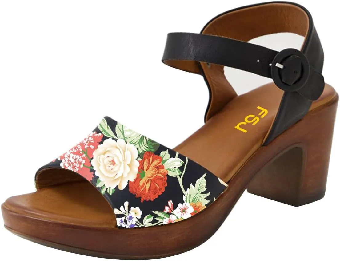 FSJ Women Platform Chunky Heel Sandals Wooden Block Heel Comfortable Open Toe Ankle Strap Wide Band Mid Heel Party Date Night Dance Shoes Size 4-16 US