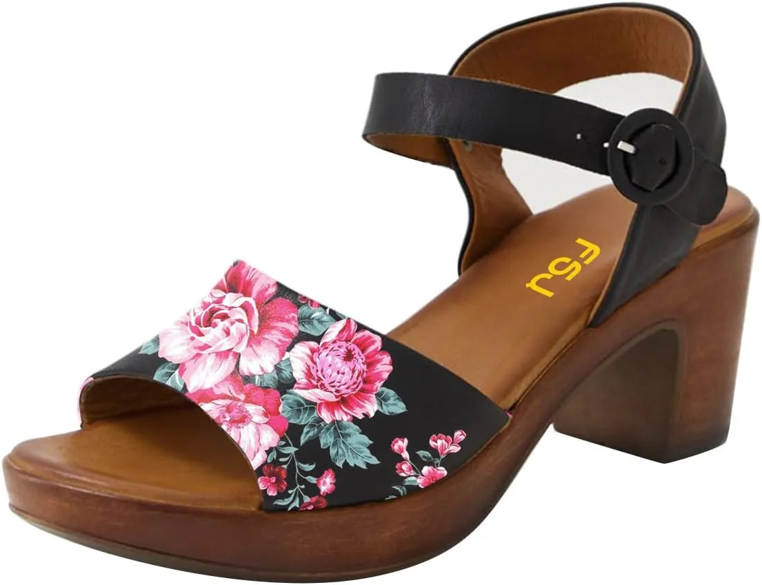 FSJ Women Platform Chunky Heel Sandals Wooden Block Heel Comfortable Open Toe Ankle Strap Wide Band Mid Heel Party Date Night Dance Shoes Size 4-16 US