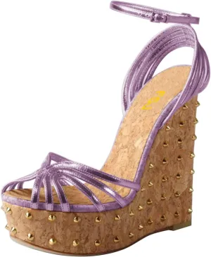 FSJ Women Rivet Studded Wedges Sandals Platform Cork High Heel Peep Toe Ankle Strap Buckle Sexy Strappy Party Shoes Size 4-16 US
