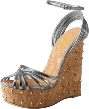 FSJ Women Rivet Studded Wedges Sandals Platform Cork High Heel Peep Toe Ankle Strap Buckle Sexy Strappy Party Shoes Size 4-16 US
