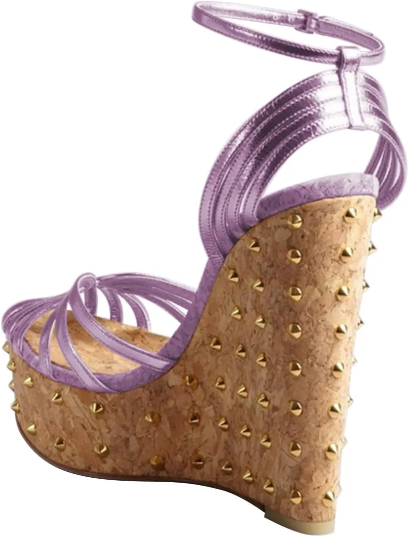 FSJ Women Rivet Studded Wedges Sandals Platform Cork High Heel Peep Toe Ankle Strap Buckle Sexy Strappy Party Shoes Size 4-16 US