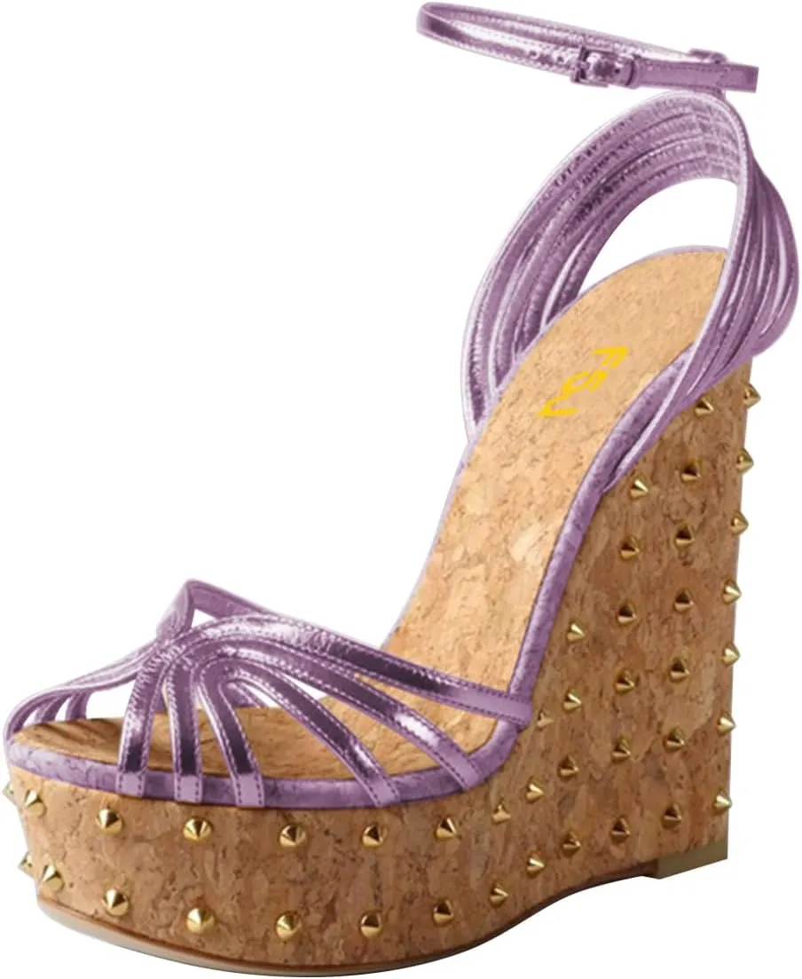 FSJ Women Rivet Studded Wedges Sandals Platform Cork High Heel Peep Toe Ankle Strap Buckle Sexy Strappy Party Shoes Size 4-16 US