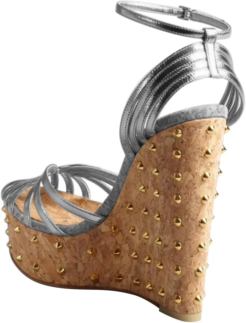FSJ Women Rivet Studded Wedges Sandals Platform Cork High Heel Peep Toe Ankle Strap Buckle Sexy Strappy Party Shoes Size 4-16 US