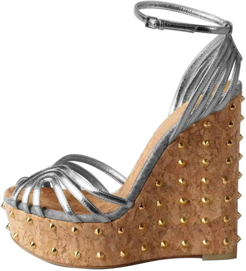 FSJ Women Rivet Studded Wedges Sandals Platform Cork High Heel Peep Toe Ankle Strap Buckle Sexy Strappy Party Shoes Size 4-16 US