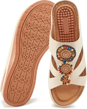 FUDYNMALC Womens Slides Orthopedic Sandals: Summer Dressy Wedge Shoes Handmade Bead Casual Walking Footwear with Comfortable Plantar Fasciitis Support