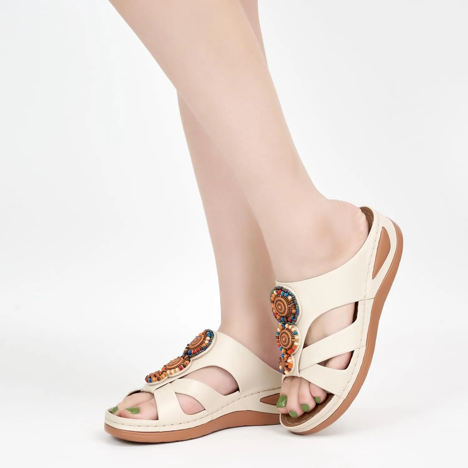 FUDYNMALC Womens Slides Orthopedic Sandals: Summer Dressy Wedge Shoes Handmade Bead Casual Walking Footwear with Comfortable Plantar Fasciitis Support