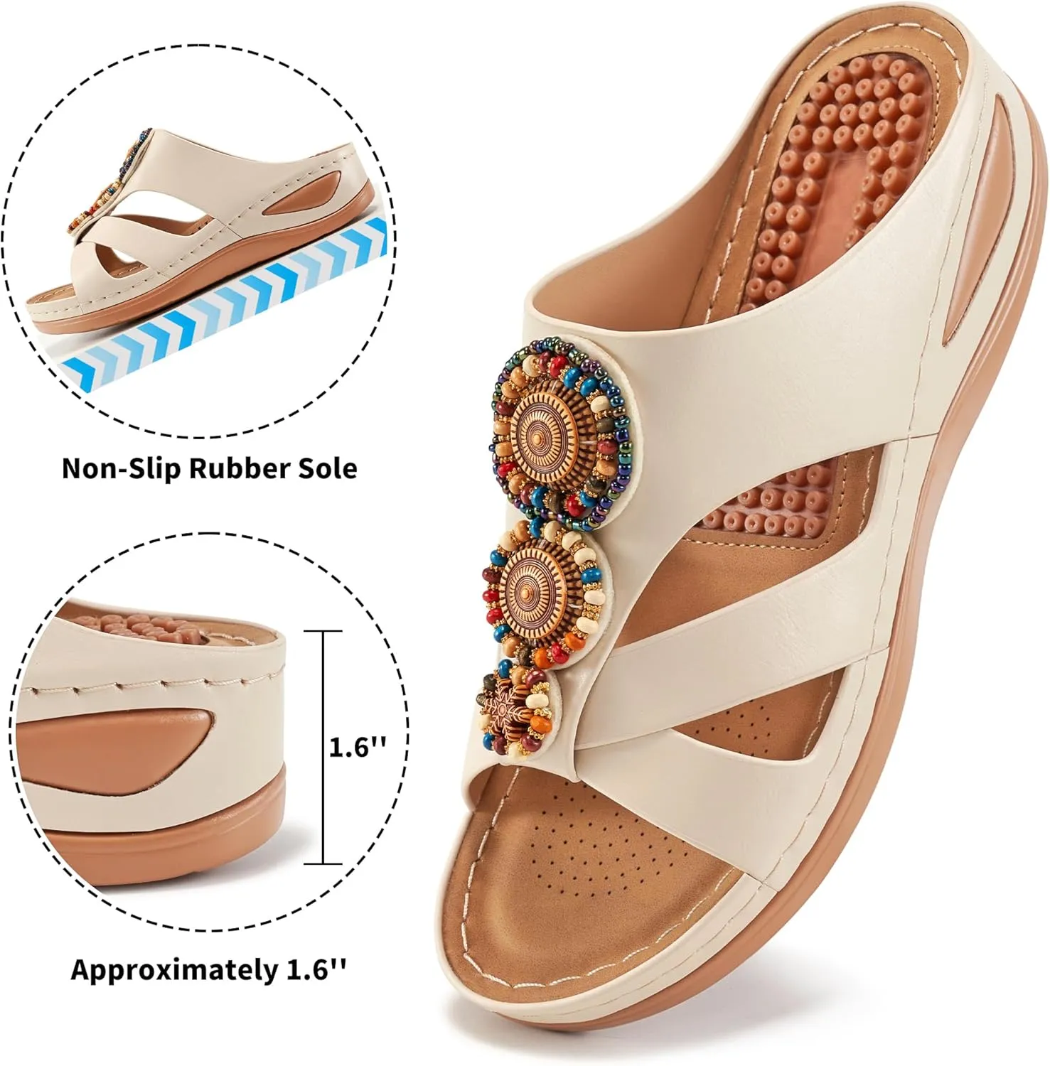 FUDYNMALC Womens Slides Orthopedic Sandals: Summer Dressy Wedge Shoes Handmade Bead Casual Walking Footwear with Comfortable Plantar Fasciitis Support