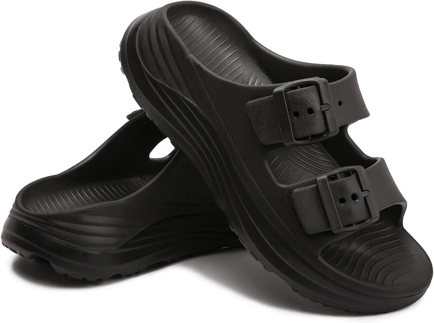 FUNKYMONKEY Women's Adjustable Double Buckle Slide with Arch Support Slip On Comfort Sandals