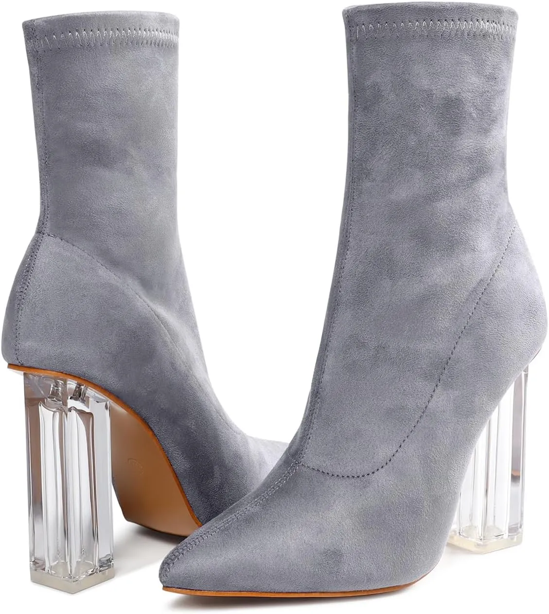getmorebeauty Women's Ankle Boots Knit Sock Booties Clear High Heel Pointed Toe Slip On Stretch Booties for Autumn Winter