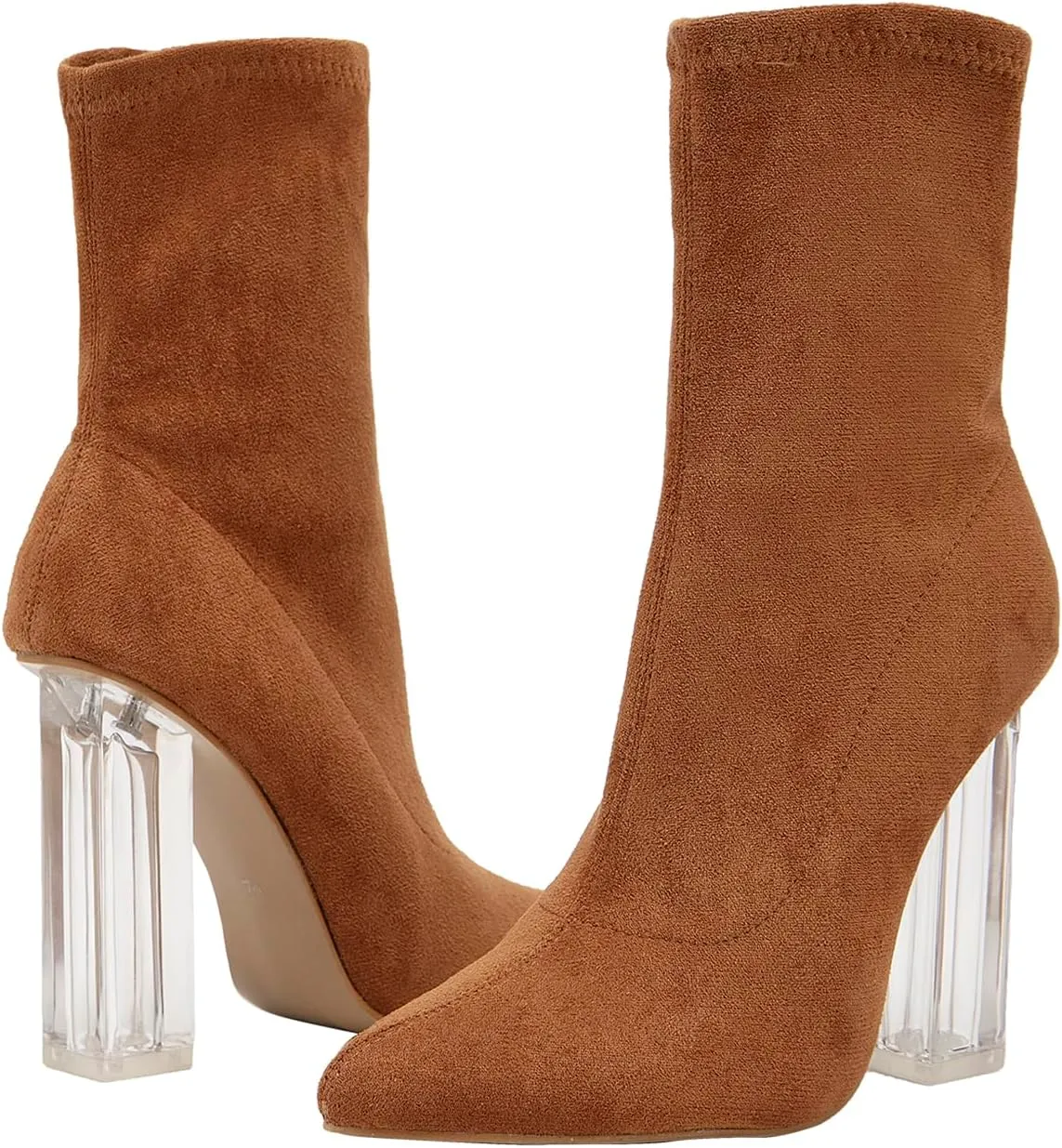 getmorebeauty Women's Ankle Boots Knit Sock Booties Clear High Heel Pointed Toe Slip On Stretch Booties for Autumn Winter
