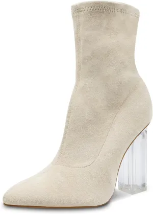 getmorebeauty Women's Ankle Boots Knit Sock Booties Clear High Heel Pointed Toe Slip On Stretch Booties for Autumn Winter