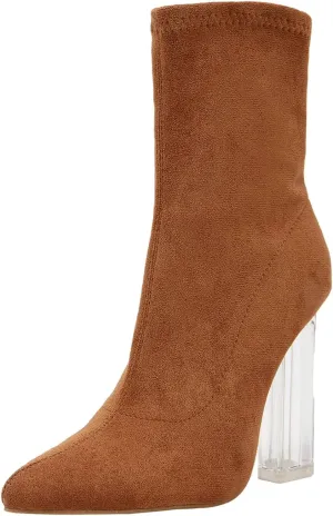 getmorebeauty Women's Ankle Boots Knit Sock Booties Clear High Heel Pointed Toe Slip On Stretch Booties for Autumn Winter