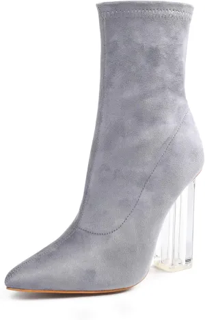 getmorebeauty Women's Ankle Boots Knit Sock Booties Clear High Heel Pointed Toe Slip On Stretch Booties for Autumn Winter