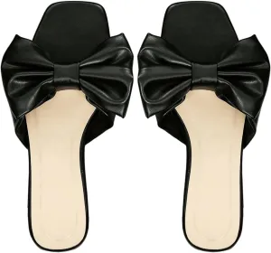 GORGLITTER Women's Bow Flat Sandals Dressy Square Open Toe Sandals Comfortable Slip On Slide Sandals