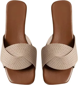 GORGLITTER Women's Crochet Flat Sandals Crossover Square Open Toe Comfortable Slip On Slide Sandals Khaki 7.5