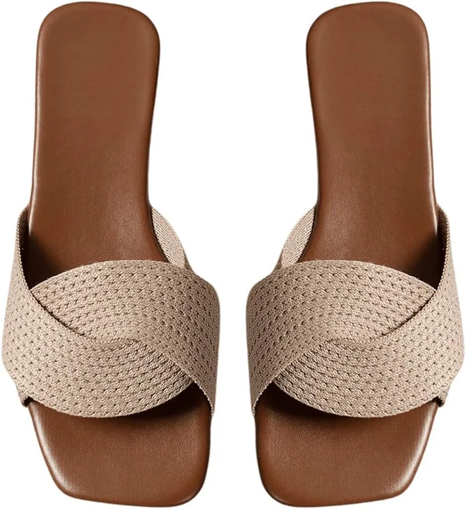 GORGLITTER Women's Crochet Flat Sandals Crossover Square Open Toe Comfortable Slip On Slide Sandals Khaki 8